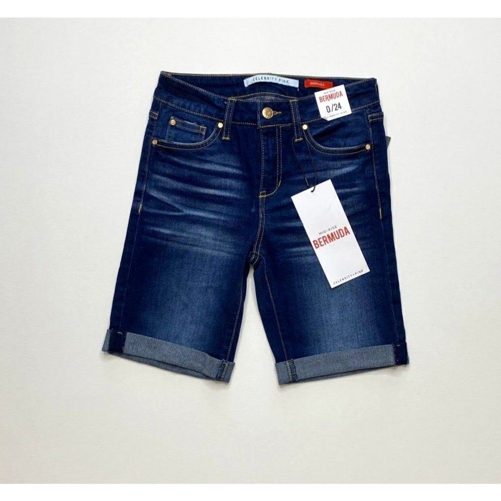 Celebrity Pink Bermuda Jean Shorts 0 24‎ Dark Blue Juniors' Cuffed Stretch NEW